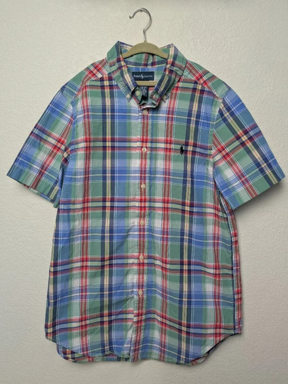 Ralph Lauren Boys Plaid Short Sleeve Button Doen Shirt Size L 14-16